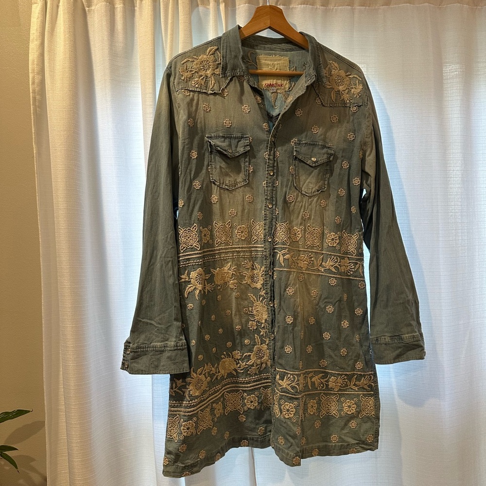 Johnny Was embroidered chambray button down dress